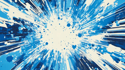 Illustration of an explosion with blue and white colors with copy space in middle and rays of colours of the impact going from the center