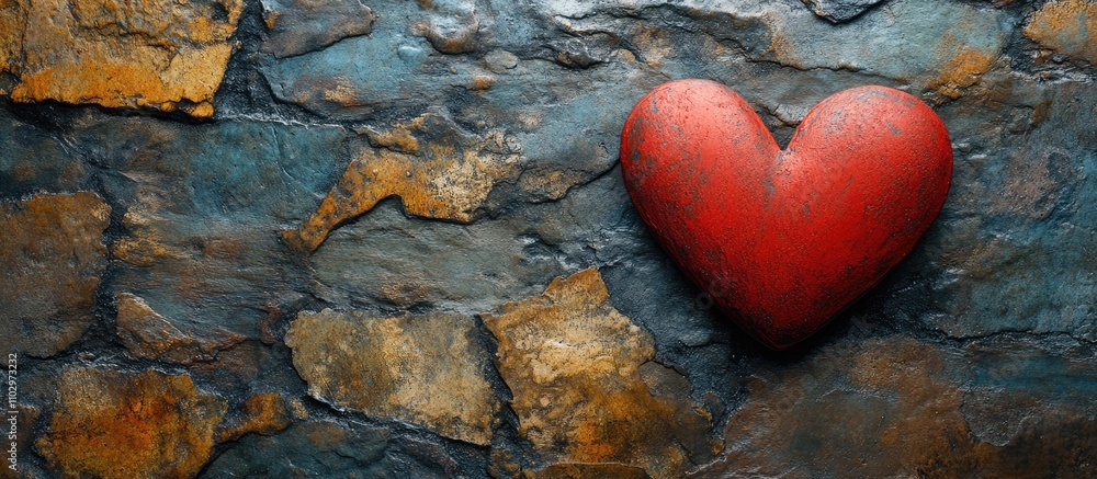 Poster minimalist red heart on textured stone background symbolizing love and affection with ample blank sp