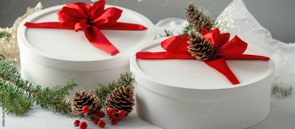 Poster two white gift boxes with red bows and pinecones surrounded by spruce branches creating a festive ho