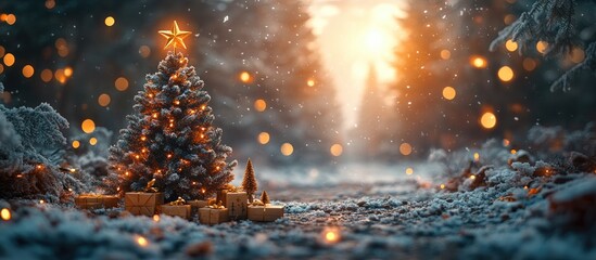 Christmas tree with golden ornaments and eco-friendly cubes in a snowy landscape with warm light creating a festive New Year ambiance