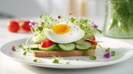 Fresh vegetarian breakfast sandwich with cream cheese, cucumber, avocado, tomatoes, and pea sprouts garnished with edible flowers on a white plate