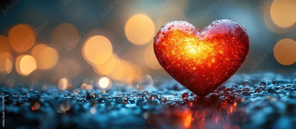 Poster vibrant heart shaped bokeh background with shimmering lights and water droplets creating a romantic 