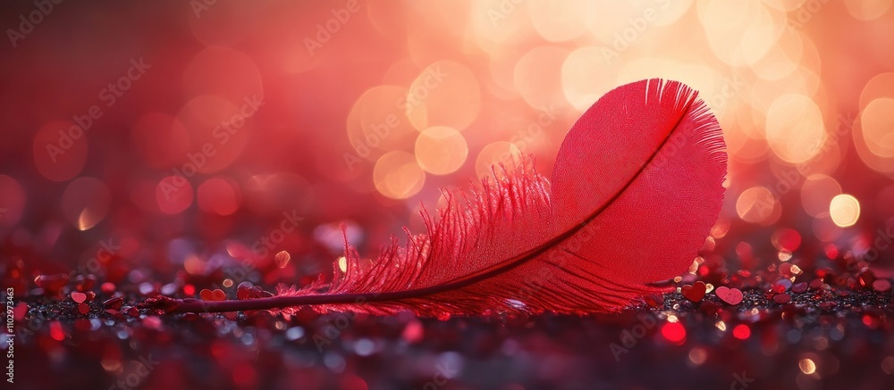 Poster romantic valentine s day backdrop with a vibrant red feather on a sparkling bokeh background emphasi