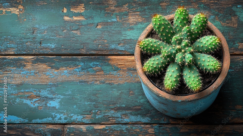 Poster top view of a vibrant cactus in a rustic pot on a textured wooden background with ample copy space f