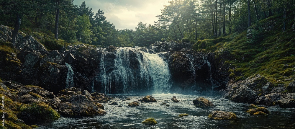 Poster Serene hidden waterfall cascading over rocks surrounded by lush greenery in a tranquil forest setting under a soft cloudy sky