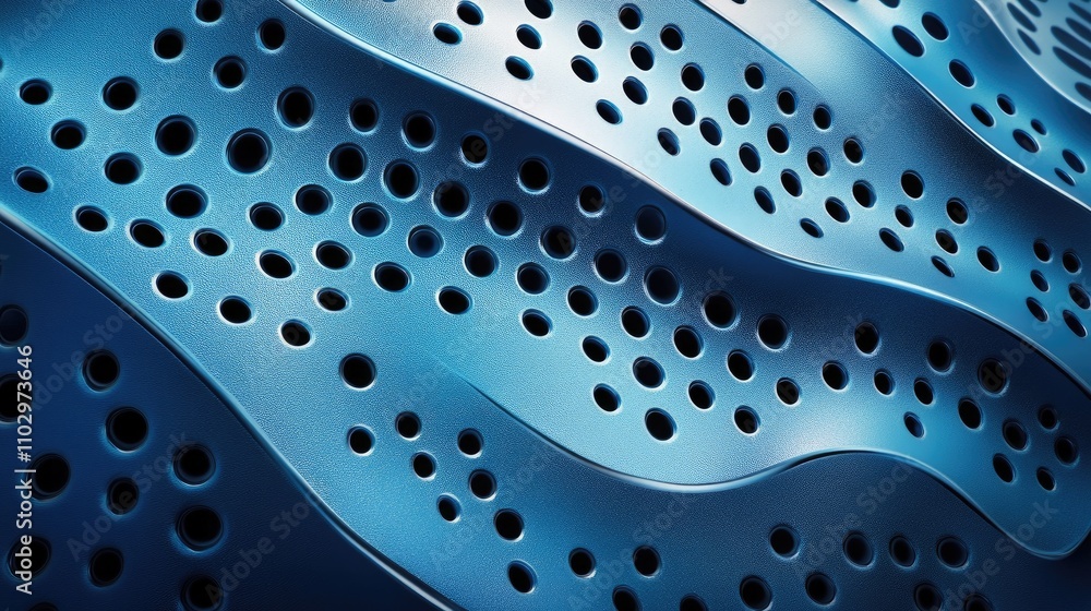 Poster textured blue plastic background with abstract wave pattern and circular perforations for modern des