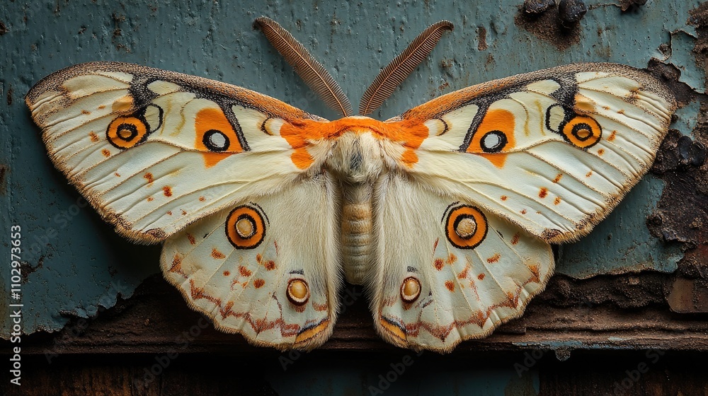 Poster colorful moth with intricate patterns perched on weathered surface showcasing detailed wings and nat