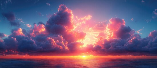 Fototapeta premium Vibrant sunset over the ocean with colorful clouds resembling cotton candy creating a serene and dreamy atmosphere