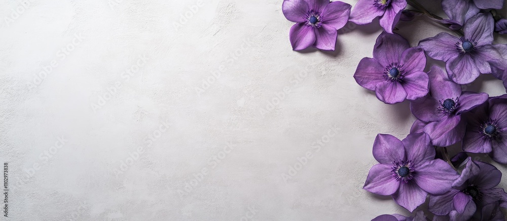 Poster purple flowers arranged on a grey background creating an elegant design space for text or graphics w