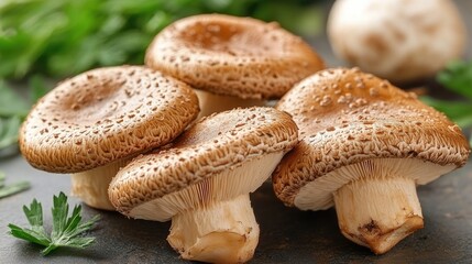 Fresh shiitake mushrooms on a rustic wooden table with green herbs in the background showcasing their natural texture and color.