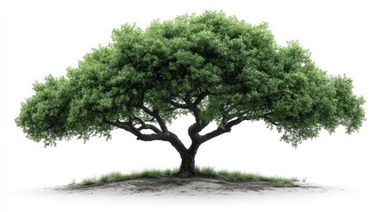 Obraz premium Lush green tree silhouette with broad canopy isolated on a white background representing nature and tranquility.
