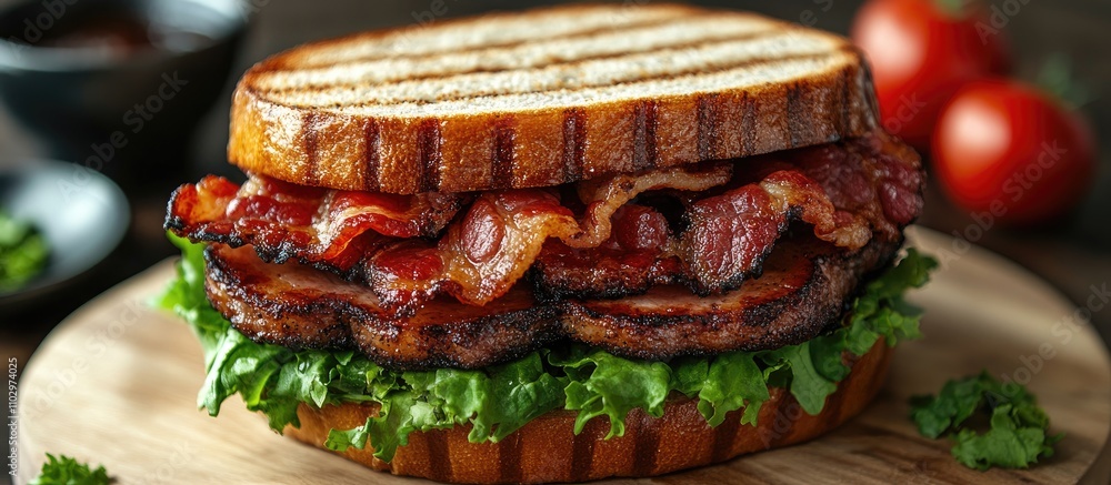 Poster bacon sandwich with crispy lettuce served on toasted bread in a rustic eatery setting with fresh tom