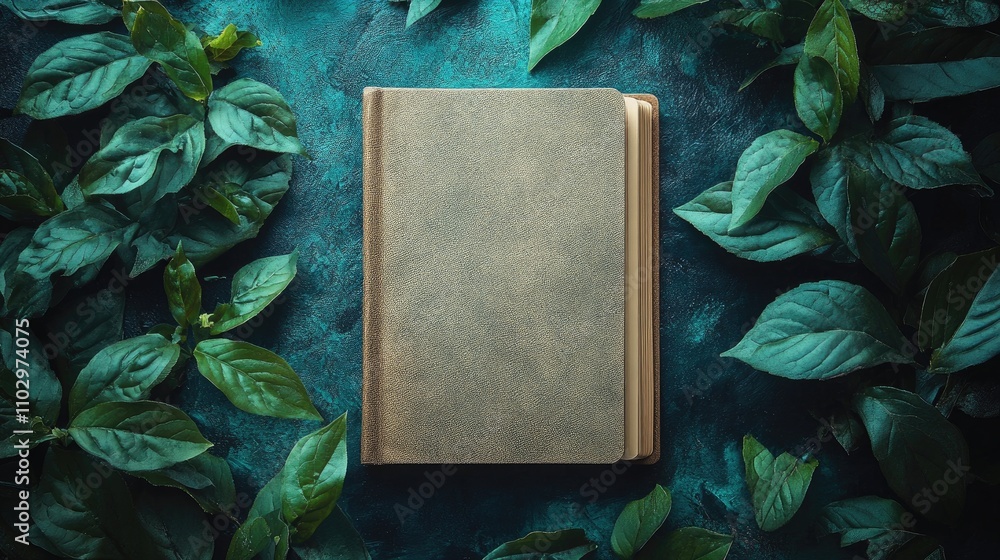 Poster elegant empty notebook on teal textured background surrounded by lush green leaves perfect for creat