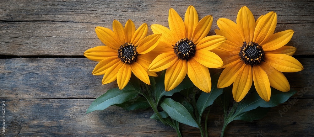 Poster three vibrant rudbeckia flowers arranged on a rustic wooden surface with ample copy space for creati