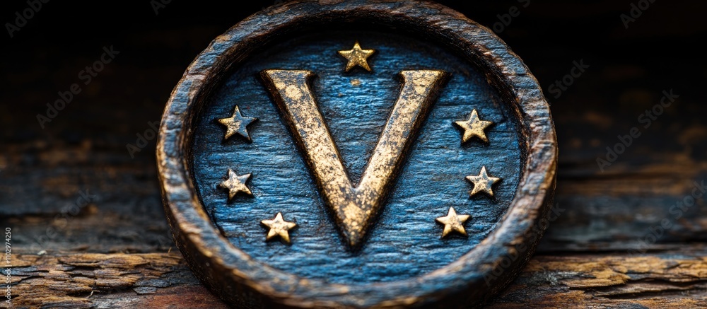 Poster letter v crafted from stars on a dark wooden background with selective focus showcasing texture and 