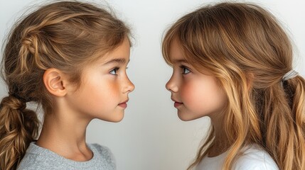 Two young girls facing each other with neutral expressions against a soft white background illustrating innocence and curiosity.