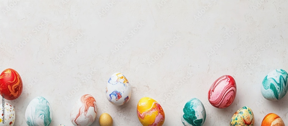 Poster stylish flat lay of colorful easter eggs with marble patterns and spring border colors on a neutral 