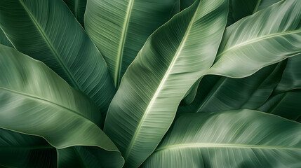 Obraz premium Close-up of lush, vibrant green tropical leaves. The texture and detail of the foliage are beautifully highlighted, creating a serene and natural backdrop.