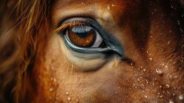 Close-up of a horse's eye showcasing rich brown colors and water droplets highlighting its texture and detail in a natural setting