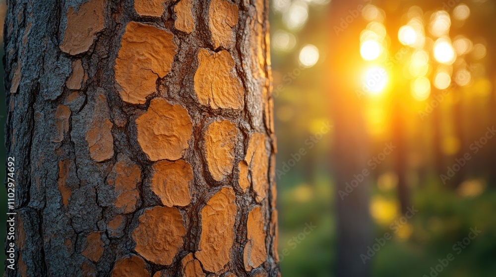 Poster close up of textured tree bark illuminated by sunlight with a blurred forest background creating a s