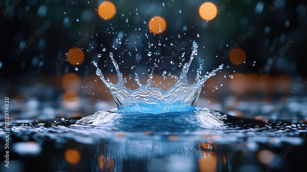Poster dynamic splash of blue water with droplets against a blurred bokeh background capturing the essence 
