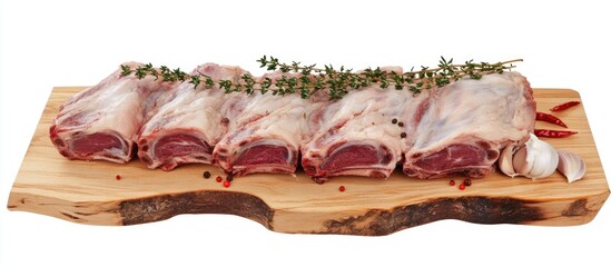 Freshly Boned Lamb Ribs with Thyme Garlic and Chili on Rustic Wooden Board for Culinary Presentation