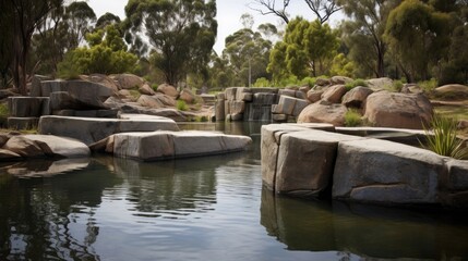 Water catchment area with large stones surrounded by greenery and reflection in calm water under natural sunlight
