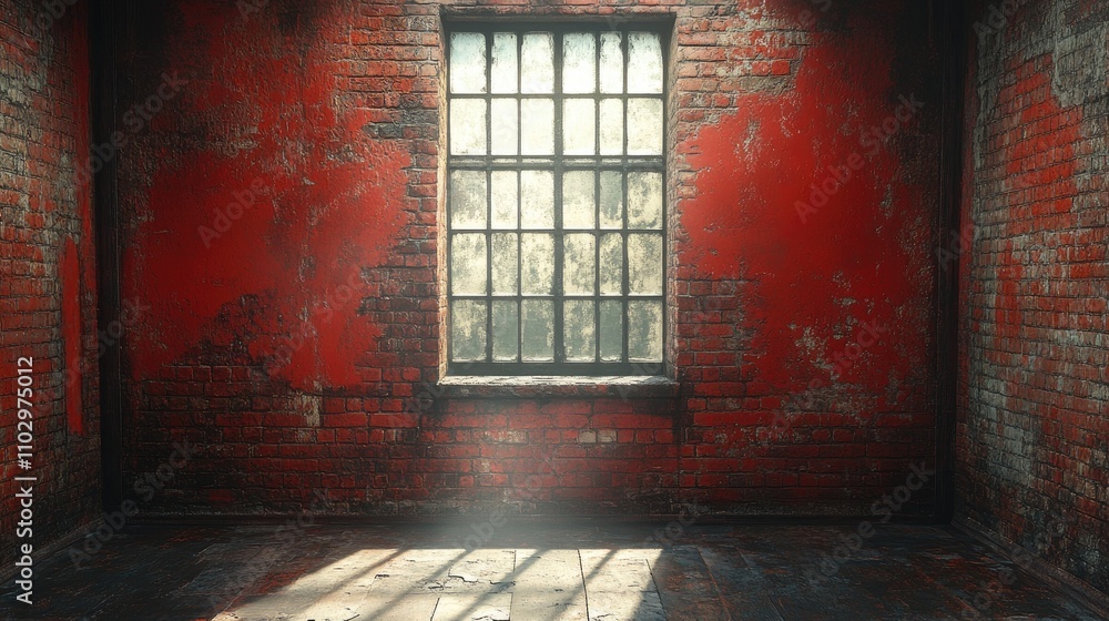Poster rustic interior with weathered red brick wall and a large window casting shadows on the floor, creat