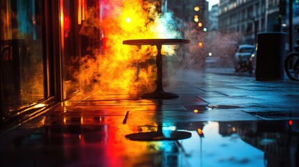 Urban smoking zone with atmospheric reflections and colorful lights creating a moody ambiance on a rainy street.