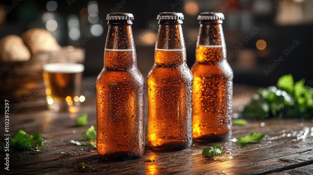 Poster three frosty beer bottles on a rustic wooden table with condensation and beer in the background for 