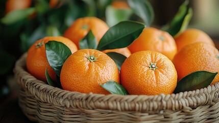 Fresh tangerines with vibrant green leaves arranged in a natural woven basket on a pure white background showcasing freshness and abundance