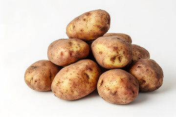 Stack fresh brown potatoes on white background. Emphasizing their organic appearance and farm-fresh quality. Ideal for food, agriculture, and farm-to-table themes. Potatoes display subtle color.
