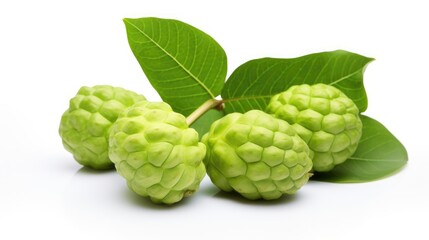 Fototapeta premium Fresh noni fruits and green leaves arranged artistically on a clean white background highlighting natural organic produce.