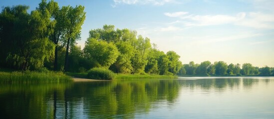 Tranquil lakeshore with vibrant trees and lush greenery reflecting in calm waters under a clear blue sky