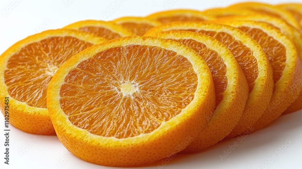 Poster fresh orange slices arranged in a row on a clean white background showcasing vibrant color and textu