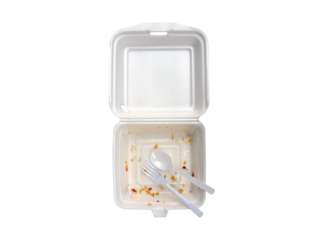 food scraps in opened foam box with plastic spoon and fork isolated on transparent