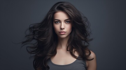 Fototapeta premium Brunette woman with flowing hair posing against a smooth grey background showcasing natural beauty and elegance in portrait photography