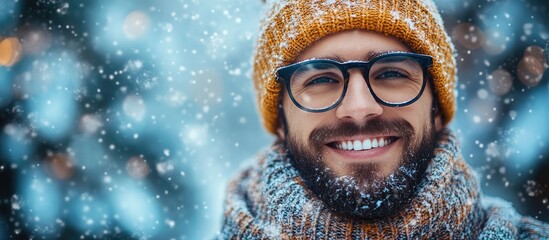 Cheerful man in winter attire with festive glasses and hat smiling warmly amidst falling snow in a joyful holiday atmosphere