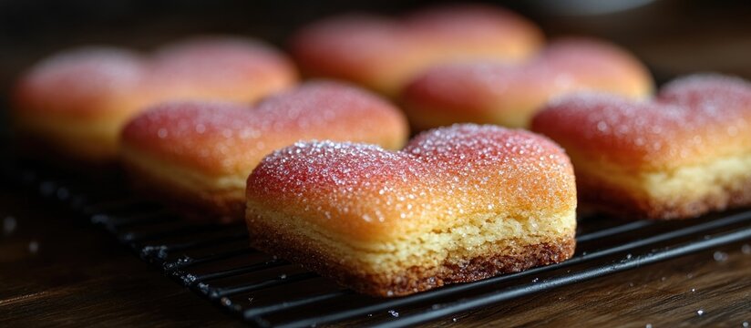 Heart-shaped sugar cookies beautifully arranged on a cooling rack with a sprinkle of sugar, perfect for special occasions and celebrations. - Powered by Adobe
