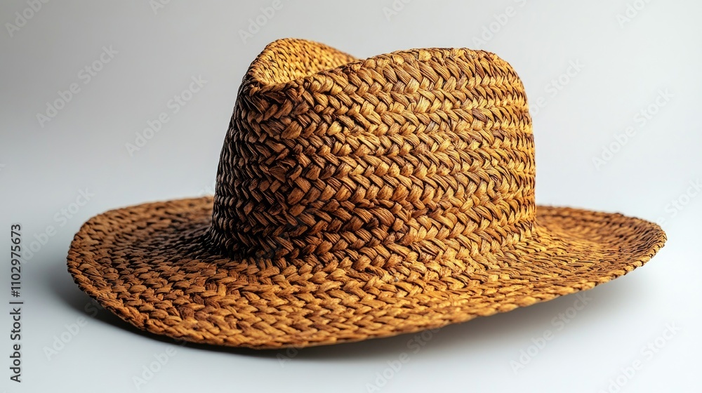 Poster straw hat displayed elegantly on a light neutral background showcasing its intricate weaving and nat