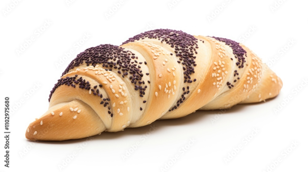 Poster taro bread with sesame seeds on a white background showcasing its unique shape and texture ideal for