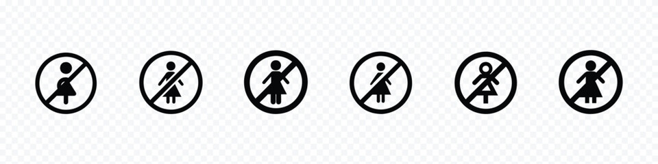 No Woman Icon Set, prohibited sign for woman, Sign no woman on a transparent background