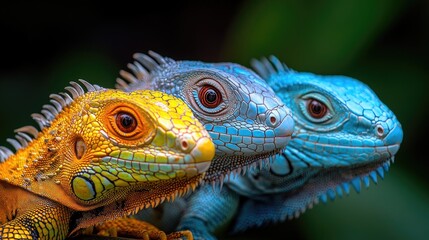 Fototapeta premium Vibrant Iguanas in Natural Habitat Showcasing Colorful Scales and Distinct Features of Anoles in Lush Green Background