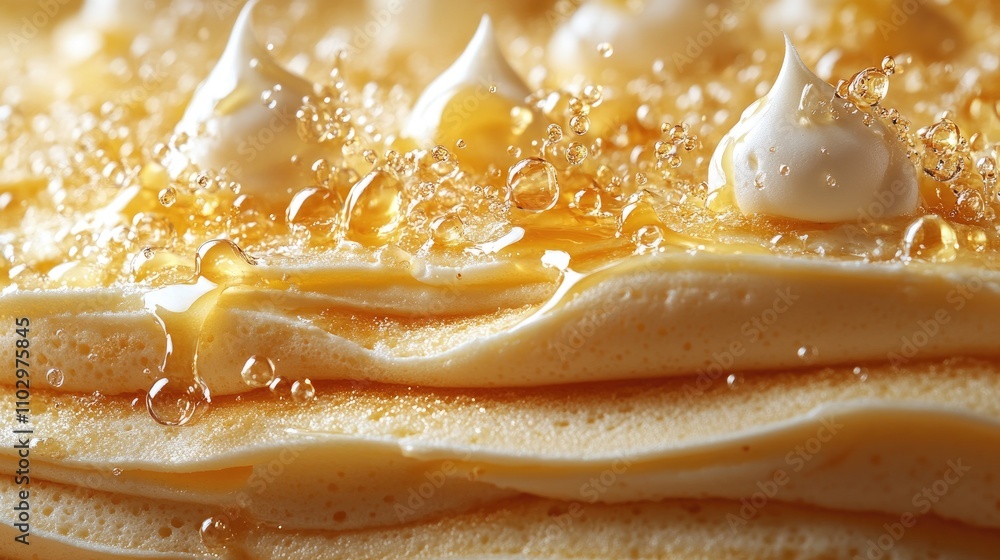 Poster golden pancake layers with syrup and whipped cream droplets creating a delicious and inviting breakf