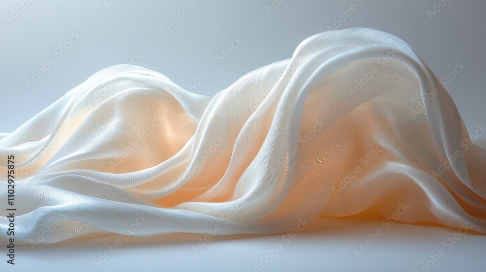 Poster elegantly draped white silk fabric with soft folds and gentle curves creating a serene and delicate 
