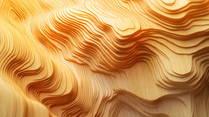 Abstract 3D rendering of undulating wooden layers creating a textured, topographic landscape. Warm, golden light highlights the curves and depth of the design.