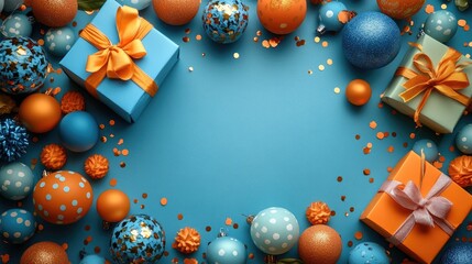 Festive party decoration flat lay with colorful balloons gifts and confetti on a bright blue background suitable for invitations and announcements