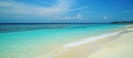 Obraz premium Tranquil Tropical Beach Landscape with Clear Blue Waters and Soft White Sand under Bright Sky