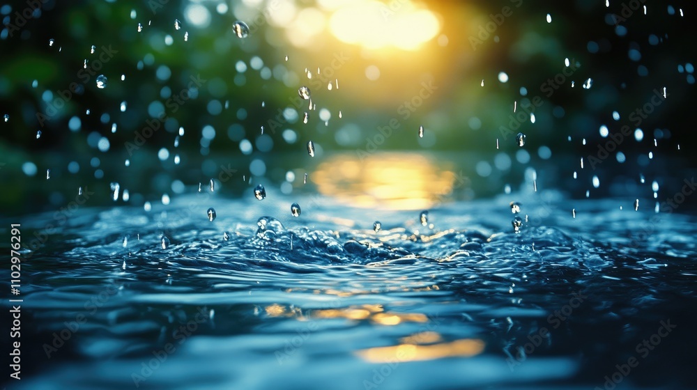 Aufkleber beautiful blurred rain wave water texture with droplets and sunlight creating a serene natural backd