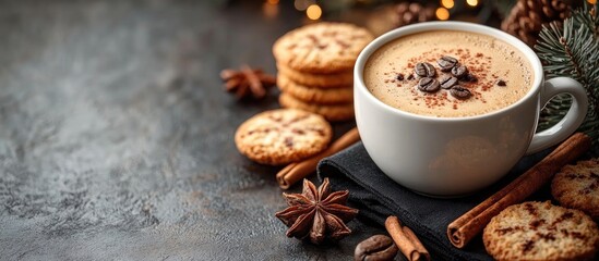 Cozy winter coffee arrangement with biscotti cookies and cinnamon sticks on a dark table creating a festive Christmas mood top view flat lay